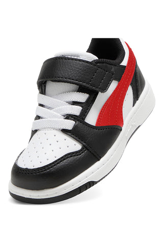 Črno-bele otroške superge z rdečimi detajli Puma Rebound V6 Lo AC+ Inf