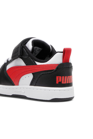 Črno-bele otroške superge z rdečimi detajli Puma Rebound V6 Lo AC+ Inf
