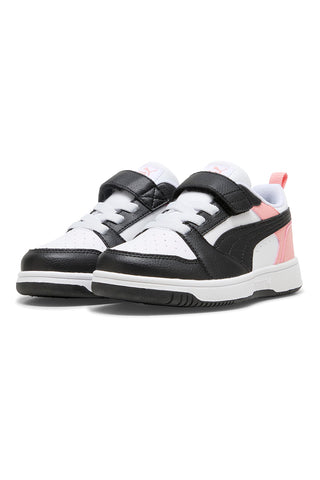 Nizke črno-bele in roza superge z velcro trakom Puma Rebound V6 Lo AC+ PS