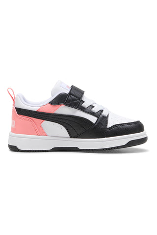 Nizke črno-bele in roza superge z velcro trakom Puma Rebound V6 Lo AC+ PS