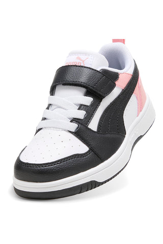 Nizke črno-bele in roza superge z velcro trakom Puma Rebound V6 Lo AC+ PS