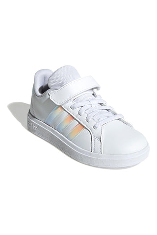 Bele superge z iridescentnimi črtami in zapenjanjem na velcro Adidas Grand Court 2.0 EL C