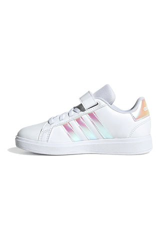 Bele superge z iridescentnimi črtami in zapenjanjem na velcro Adidas Grand Court 2.0 EL C