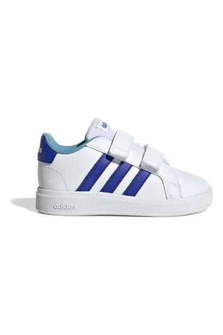 Beli čevlji z modrimi črtami in zapenjanjem na velcro Adidas Grand Court 2 CF I