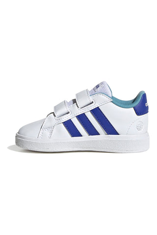 Beli čevlji z modrimi črtami in zapenjanjem na velcro Adidas Grand Court 2 CF I