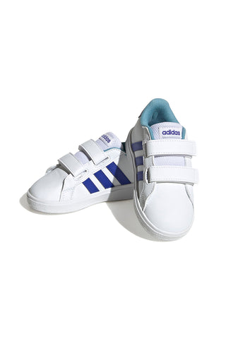 Beli čevlji z modrimi črtami in zapenjanjem na velcro Adidas Grand Court 2 CF I