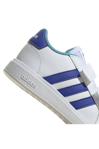 Beli čevlji z modrimi črtami in zapenjanjem na velcro Adidas Grand Court 2 CF I