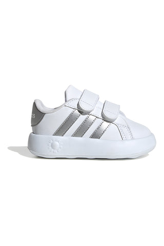 Beli čevlji s srebrnimi črtami in podplatom Bubble memory Adidas Grand Court 2 CF I