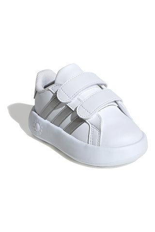 Beli čevlji s srebrnimi črtami in podplatom Bubble memory Adidas Grand Court 2 CF I