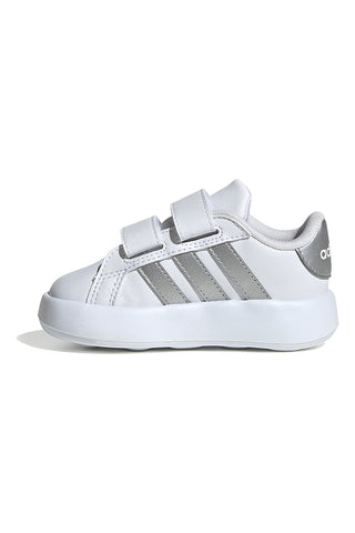 Beli čevlji s srebrnimi črtami in podplatom Bubble memory Adidas Grand Court 2 CF I