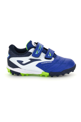 Kraljevsko modri nogometni čevlji z belimi in fluorescentno zelenimi detajli ter zaponko Joma CAJW2604TFV