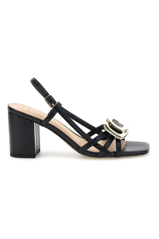 Črn sandal s peto in usnjenim vložkom Ferre F884