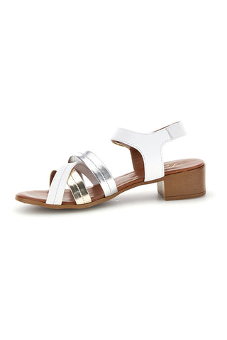 Beli in srebrni usnjeni sandali s prekrižanimi trakovi Pittarello look 243205