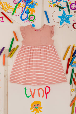 Roza obleka z belimi črtami in volanastimi rokavi Pitt Kids PT-G-D-05068