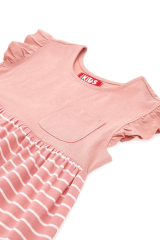 Roza obleka z belimi črtami in volanastimi rokavi Pitt Kids PT-G-D-05068