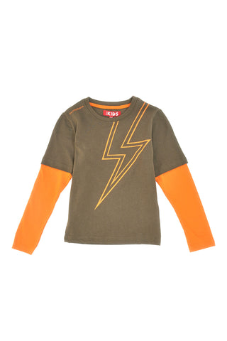 Majica z okroglim izrezom in dolgimi rokavi, zelena in oranžna PITT KIS 6033