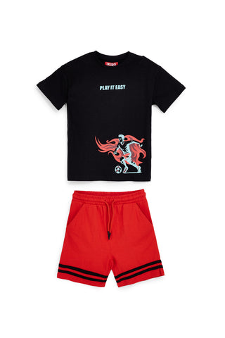Črno-rdeča obleka z majico in kratkimi hlačami Pitt kids PT-B-T-9048