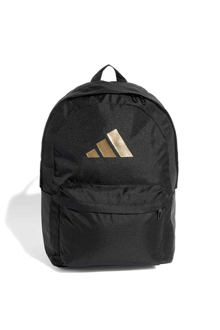 Črn nahrbtnik z zlatim logotipom in žepom za prenosni računalnik Adidas IS7048