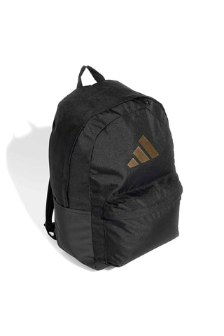 Črn nahrbtnik z zlatim logotipom in žepom za prenosni računalnik Adidas IS7048