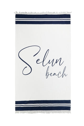 Telo mare bianco blu con frange Selun beach 261009